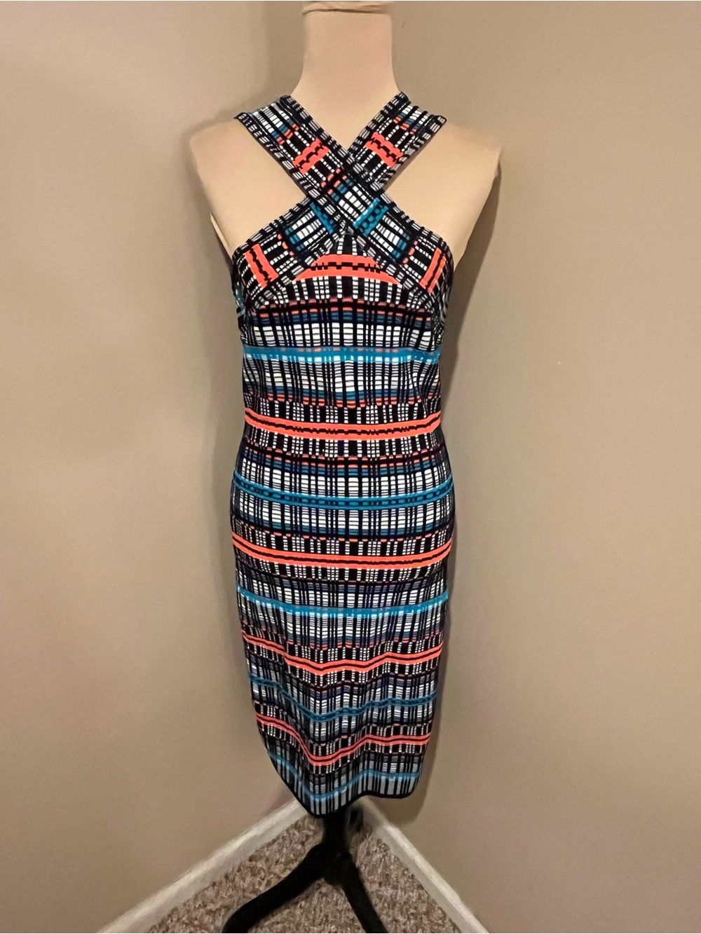 Jealous Tomato Cross-Front Multicolor Striped Bodycon Midi- Blue & Coral, L